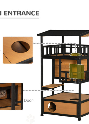 Wooden Outdoor Cat House, Feral Cat Shelter Kitten Condo with Asphalt Roof, Escape Doors, Condo, Jumping Platform, Yellow