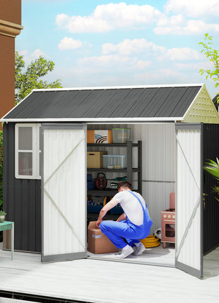 8' x 6' Metal Garden Storage Shed, Extra Large Outdoor Tool Storage House w/ Doors, Window and Air Vents, Dark Gray