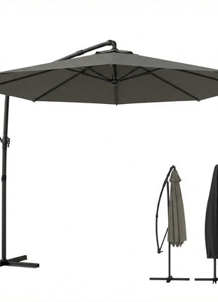 10 ft Offset Patio Umbrella with Cover, Hanging Cantilever Umbrella with 360° Rotation, Crank Handle, Tilt, Gray