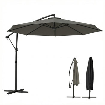 10 ft Offset Patio Umbrella with Cover, Hanging Cantilever Umbrella with 360° Rotation, Crank Handle, Tilt, Gray