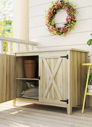 Wooden Outdoor Storage Cabinet, Garden Shed Potting Shed with Shelf and Double Doors, Natural Wood