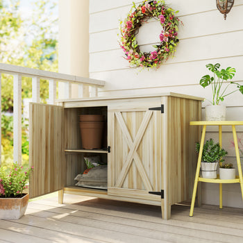 Wooden Outdoor Storage Cabinet, Garden Shed Potting Shed with Shelf and Double Doors, Natural Wood