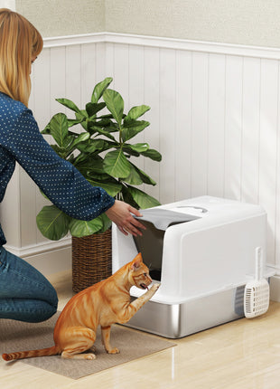 2 in 1 Stainless Steel Cat Litter Box with Removable Lid, Scoop, Filter Bags, for Small to Large Cats, White