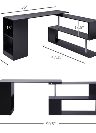 55" 360° Rotating Corner Computer Desk Modern L-Shaped Home Office Workstation with 3-Tier Storage Shelves, Bookshelf, Black
