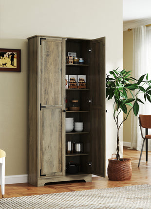 72" Farmhouse Pantry Cabinet, Freestanding Food Pantry Cabinet with Adjustable Shelves, Distressed Gray
