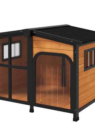 Cabin-Style Wooden Dog House for Large Dogs with Openable Roof & Giant Window, Yellow