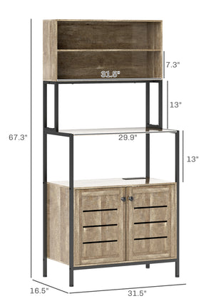 Baker's Rack with Power Outlet and Storage Shelves, Microwave Stand with Louvred Door Cabinets, Gray Wood Grain