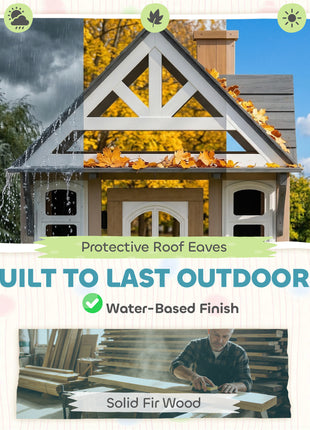 Outdoor Playhouse, Wooden Kids Playhouse with Dog Door, Cookware, Planter Box, Bell, Blackboard, Clock for Backyard