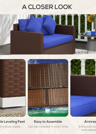 Wicker Loveseat, Patio Furniture Couch with Cushions, 2 Seat PE Rattan Sofa, 2 Throw Pillows, Blue