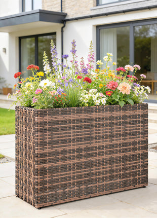 Tall Rectangular Planter with Removable Liner, Holes, PE Wicker Large Planter Box for Indoor Outdoor Plants, Brown