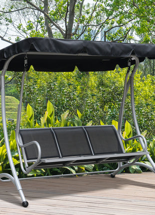3-Seat Outdoor Porch Swing Chair, Patio Swing Glider with Adjustable Canopy, Breathable Seat, and Steel Frame for Garden, Poolside, Backyard, Black
