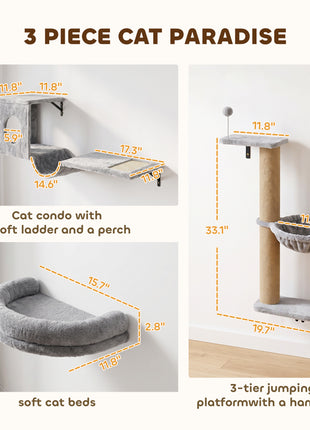 3-In-1 Cat Wall Shelves with Condo, Bed, Hammock, Scratching Post and Spring Ball, Gray