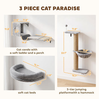 3-In-1 Cat Wall Shelves with Condo, Bed, Hammock, Scratching Post and Spring Ball, Gray