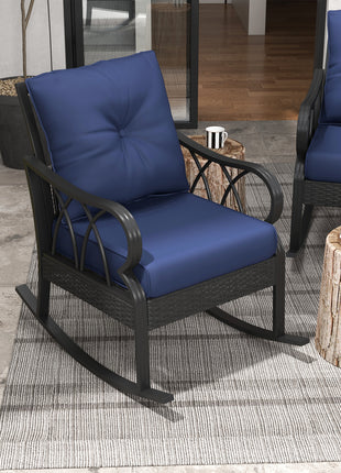 2 Piece Outdoor Wicker Rocking Chairs Rattan Porch Rockers with Cushions, Aluminum Frame for Garden, Patio, Blue