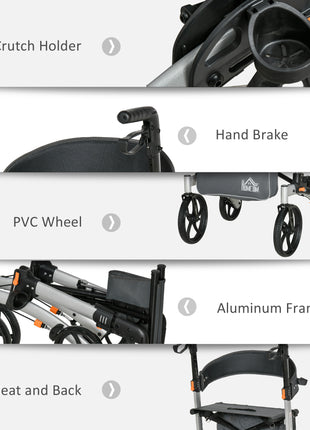 Aluminum Rollator Walker for Seniors and Adults with 10'' Wheels FSA HSA Eligible, Seat and Backrest, Folding Rolling Walker with Adjustable Handle and Storage Bag, Support up to 300lbs, Gray