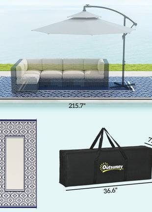 Reversible Outdoor Rug, Waterproof Plastic Straw with Carry Bag, 9' x 18', Blue & White Gourd Border