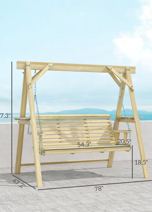 3 Seat Wooden Porch Swing with Stand, Patio Swing with Side Tables, for Garden, Poolside, Backyard, Natural Wood