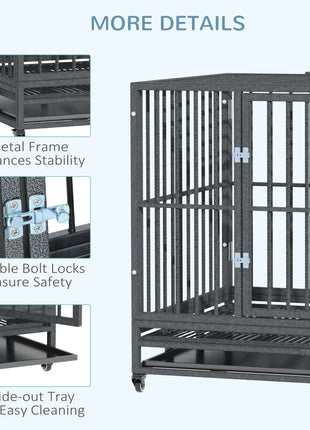 43" Heavy Duty Dog Crate Metal Cage Kennel with Lockable Wheels, Double Door and Removable Tray, Gray