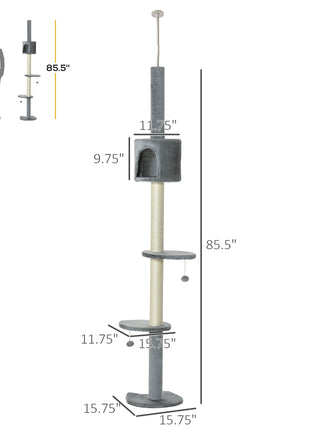 100" Cat Tree Height Adjustable Floor-to-Ceiling 4-Tier Kitty Climbing Activity Center Condo Cat Toy with Scratching Post Hanging Balls Play Rest Post Pet Furniture Grey