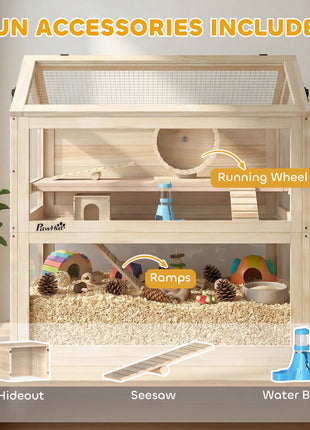 Wooden Hamster Cage, 3-Tier Small Animal Cage with Hut, Seesaw, Ramps, Exercise Wheel, Acrylic Panel and Bottom Tray