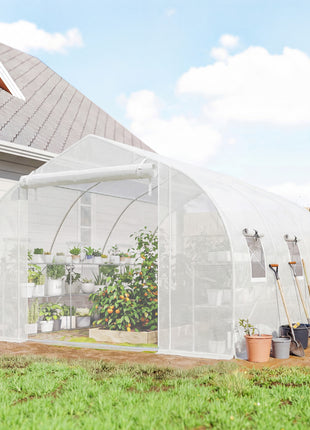 10'x11'x6' Walk-in Tunnel Greenhouse with Shelves, Mesh Door and Windows, Plant Hot House with PE Cover, White
