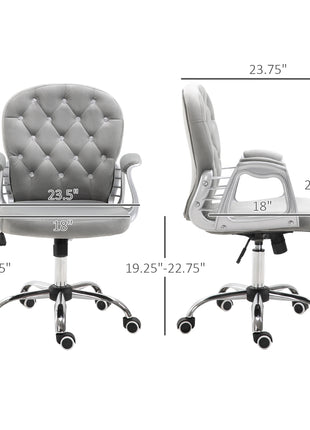 Velvet Home Office Chair, Button Tufted Desk Chair with Padded Armrests, Adjustable Height and Swivel Wheels, Gray