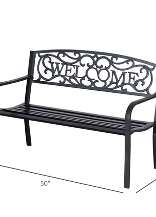 50" 2-Person Garden Bench Loveseat with Cast Iron Decorative Welcome Vines, Outdoor Patio Bench for Backyard, Porch, Entryway