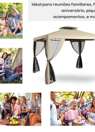 9.6' x 11.6' Patio Gazebo Outdoor Canopy Shelter with 2-Tier Roof and Netting, Steel Frame for Garden, Taupe