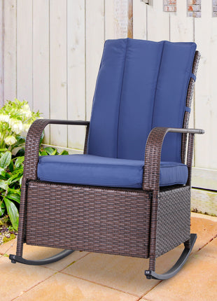Outdoor Rattan Wicker Rocking Chair Patio Recliner with Soft Cushion, Adjustable Footrest, Max. 135 Degree Backrest, Blue