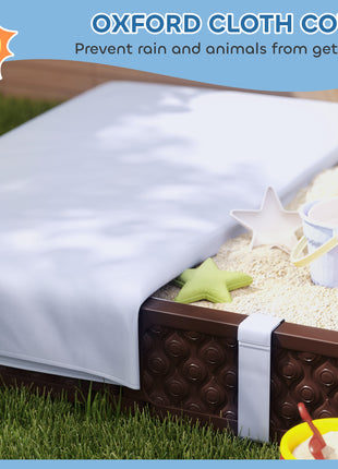 Kids Sandbox with Cover, 4 Corner Seats, Bottom Liner for Backyard, Garden, Outdoor, 73" x 47" x 9", Dark Brown