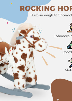 Rocking Horse, Animal Rocker with Rabbit Toy and Realistic Neigh for Toddlers, Soft Filling Ride on Pony, Brown