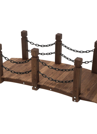 5 ft Wooden Garden Bridge Arc Footbridge with Metal Chain Railings & Solid Fir Construction, Carbonized
