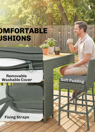 5 Piece Wicker Outdoor Bar Set, Acacia Wood Outdoor High Top Table and Chairs with 3 Tier Shelves, Cushions, Gray
