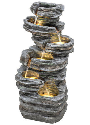 40" Tall Outdoor Waterfall Fountain with LED Lights, 6-Tier Cascading Waterfall Feature, Resin Garden Fountain, Gray