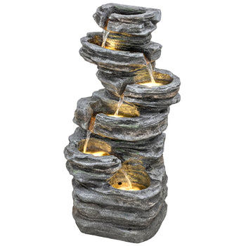 40" Tall Outdoor Waterfall Fountain with LED Lights, 6-Tier Cascading Waterfall Feature, Resin Garden Fountain, Gray