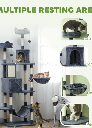 81" Cat Tree w/ Cat Scratching Posts, Scratching Board, Condos, Beds, Hammocks, Toy Balls, Rope Cat Toy, Gray