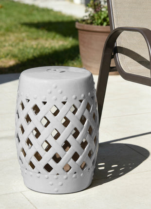 13" x 18" Ceramic Garden Stool with Woven Lattice Design & Glazed Strong Materials Decorative Outdoor Stool, White
