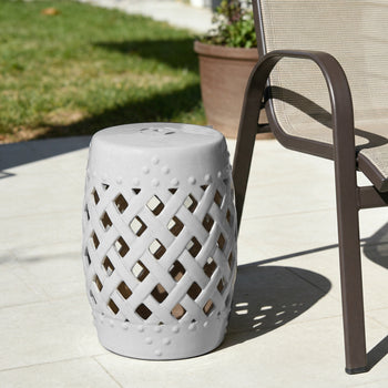 13" x 18" Ceramic Garden Stool with Woven Lattice Design & Glazed Strong Materials Decorative Outdoor Stool, White