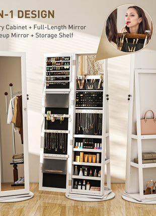 360° Swivel Jewelry Armoire, Lockable Jewelry Cabinet with Full-Length Mirror, Storage Shelves, White