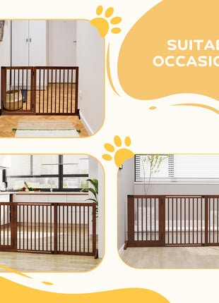 Freestanding Length Adjustable Wooden Pet Gate with Lockable Door 3 Panels, Brown