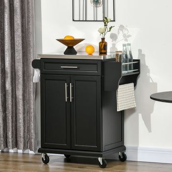 Kitchen Island on Wheels, Rolling Kitchen Cart with Stainless Steel Countertop, Drawer, Towel Rack and Spice Rack, Utility Storage Trolley, Black