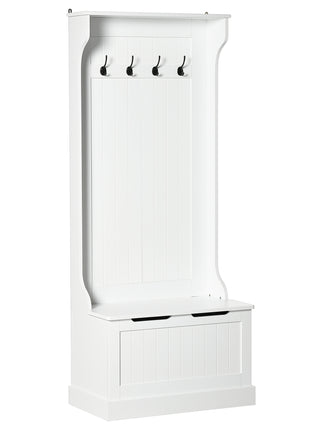 Hall Tree with Coat Rack, Storage, and Sitting Bench, White
