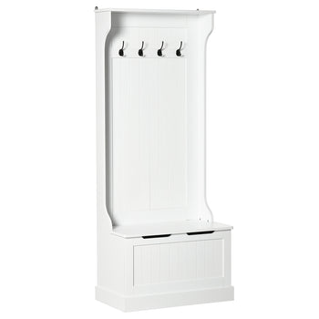 Hall Tree with Coat Rack, Storage, and Sitting Bench, White