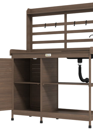 Wooden Potting Bench with Storage, Sink, Water Tap for Backyard, Patio, Balcony, Dark Brown