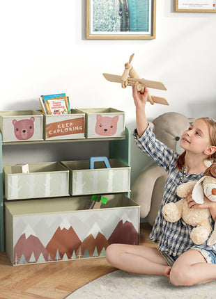 Toy Storage Organizer with 6 Storage Bins and 3-Tier Bookshelf, Toy Storage Shelf for Bedroom, Animal Design, Green