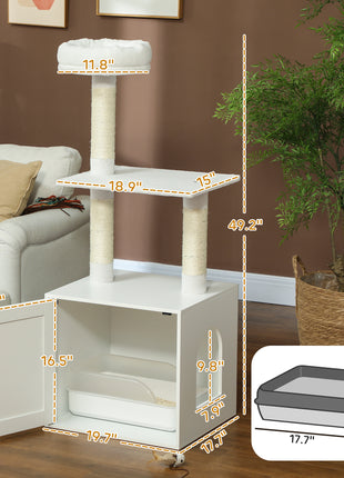 Cat Tree with Litter Box Enclosure, Scratching Posts, Bed, Climbing Platforms for Indoor Cats, White