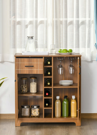 Retro Wine Cabinet for 6 Bottles, Wine Rack Sideboard Serving Bar with Glass Holders and 1 Drawer, Brown