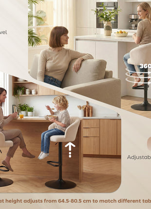 Modern Upholstered Adjustable Barstools with Swivel Seat, Linen Touch Fabric, Steel Frame, Footrest, ‎Beige