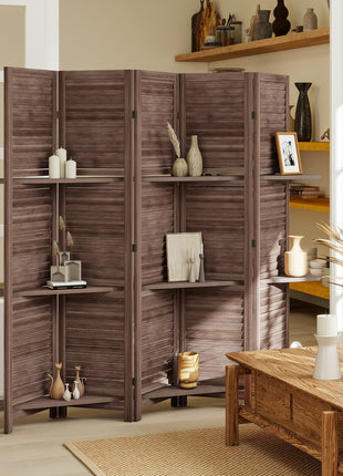 5 Panel 67" Tall Wood Privacy Screen Room Divider with 3 Shelves and Folding Storage for Bedroom, Walnut