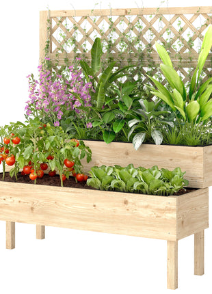 2-Tier Raised Garden Bed with Trellis, Elevated Planter Box for Climbing Plants, Natural